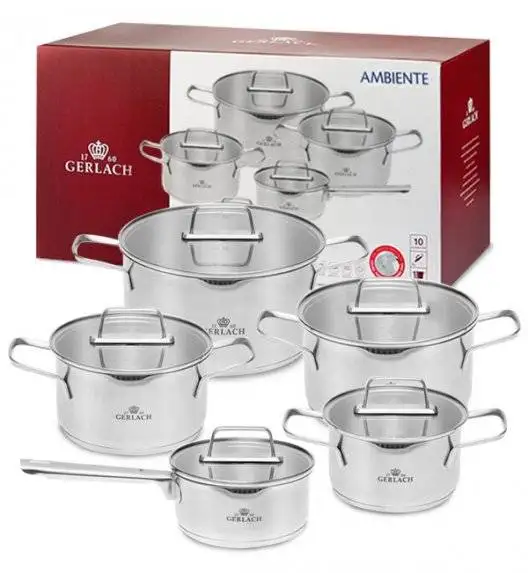 GERLACH AMBIENTE Komplet Garnki z pokrywkami 10 el + Patelnie Initial 20, 24, 28 cm / stal nierdzewna / indukcja