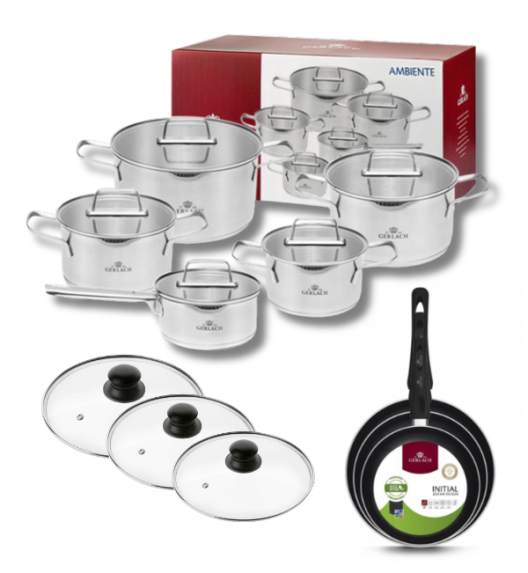 GERLACH AMBIENTE Komplet Garnki z pokrywkami 10 el + Patelnie Initial 20, 24, 28 cm z pokrywkami  / stal nierdzewna / indukcja