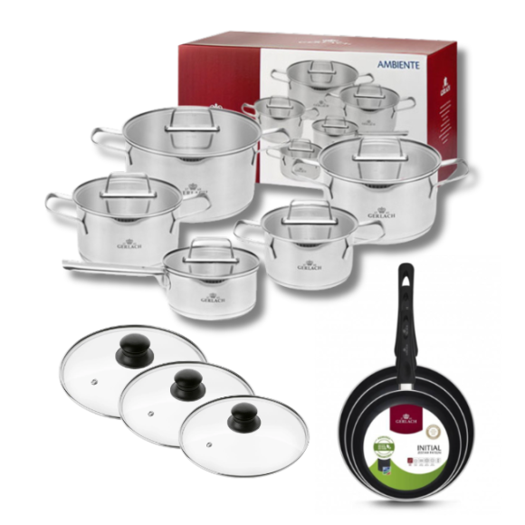 GERLACH AMBIENTE Komplet Garnki z pokrywkami 10 el + Patelnie Initial 20, 24, 28 cm z pokrywkami  / stal nierdzewna / indukcja