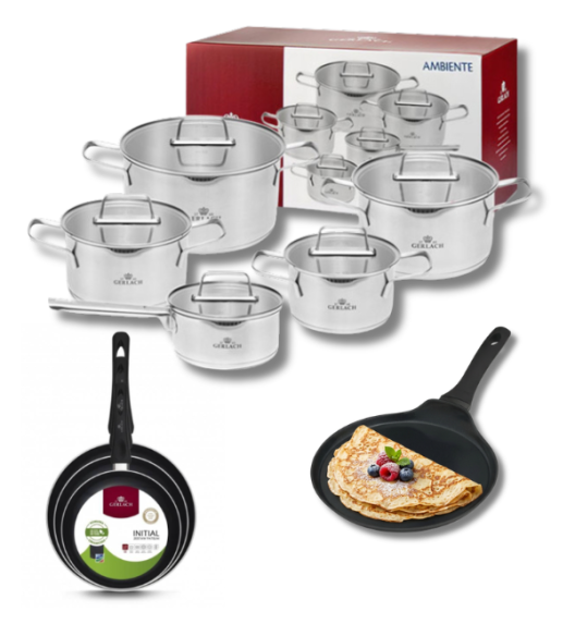 GERLACH AMBIENTE Komplet Garnki z pokrywkami 10 el + Patelnie Initial 20, 24, 28 cm  + patelnia naleśnikowa 26 cm / stal nierdzewna / indukcja