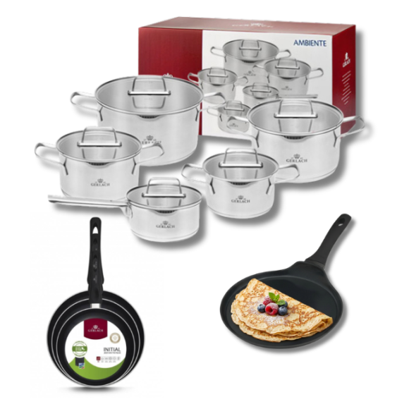GERLACH AMBIENTE Komplet Garnki z pokrywkami 10 el + Patelnie Initial 20, 24, 28 cm  + patelnia naleśnikowa 26 cm / stal nierdzewna / indukcja