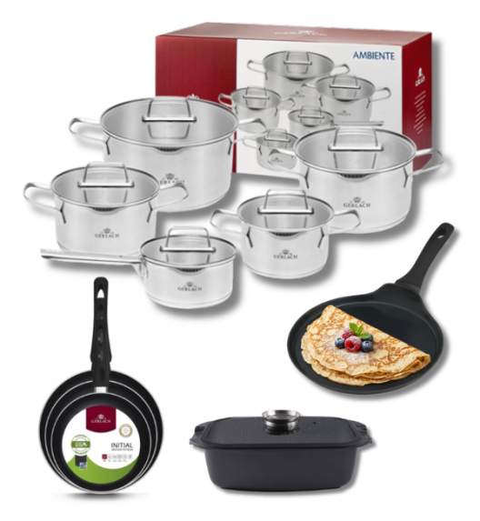 GERLACH AMBIENTE Komplet Garnki z pokrywkami 10 el + Patelnie Initial 20, 24, 28 cm  + patelnia naleśnikowa 26 cm + brytfanna / stal nierdzewna / indukcja