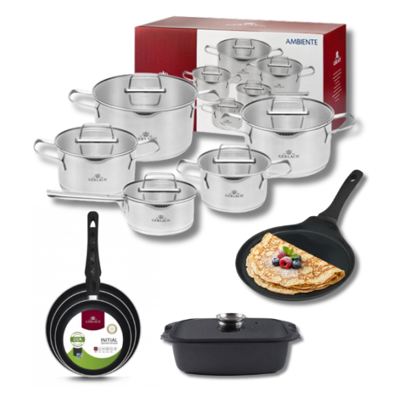 GERLACH AMBIENTE Komplet Garnki z pokrywkami 10 el + Patelnie Initial 20, 24, 28 cm  + patelnia naleśnikowa 26 cm + brytfanna / stal nierdzewna / indukcja