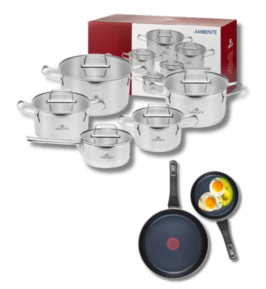 GERLACH AMBIENTE Komplet Garnki z pokrywkami 10 el + Patelnie Ambiente ThermoCoat 20, 28 cm / stal nierdzewna / indukcja