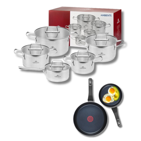 GERLACH AMBIENTE Komplet Garnki z pokrywkami 10 el + Patelnie Ambiente ThermoCoat 20, 28 cm / stal nierdzewna / indukcja
