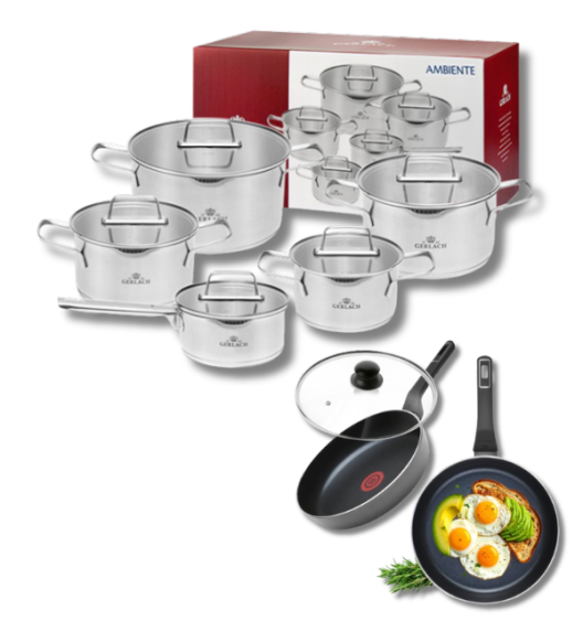 GERLACH AMBIENTE Komplet Garnki z pokrywkami 10 el + Patelnie Ambiente ThermoCoat 20, 28 cm + pokrywki szklane  / stal nierdzewna / indukcja