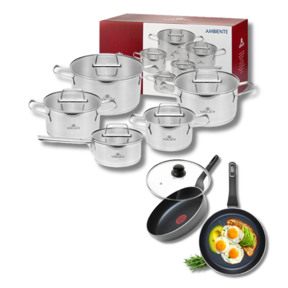 GERLACH AMBIENTE Komplet Garnki z pokrywkami 10 el + Patelnie Ambiente ThermoCoat 20, 28 cm + pokrywki szklane  / stal nierdzewna / indukcja