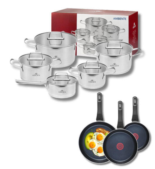 GERLACH AMBIENTE Komplet Garnki z pokrywkami 10 el + Patelnie Ambiente ThermoCoat 20, 24, 28 cm / stal nierdzewna / indukcja