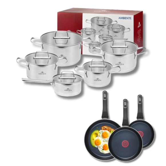 GERLACH AMBIENTE Komplet Garnki z pokrywkami 10 el + Patelnie Ambiente ThermoCoat 20, 24, 28 cm / stal nierdzewna / indukcja