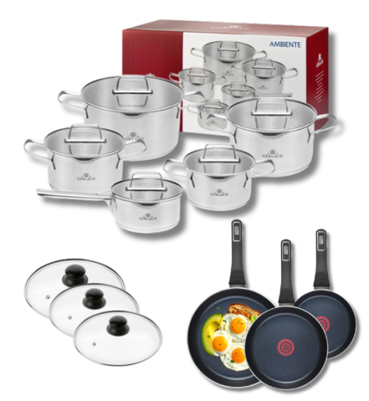 GERLACH AMBIENTE Komplet Garnki z pokrywkami 10 el + Patelnie Ambiente ThermoCoat 20, 24, 28 cm + pokrywki szklane / stal nierdzewna / indukcja