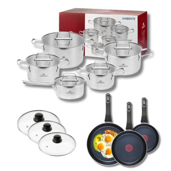 GERLACH AMBIENTE Komplet Garnki z pokrywkami 10 el + Patelnie Ambiente ThermoCoat 20, 24, 28 cm + pokrywki szklane / stal nierdzewna / indukcja