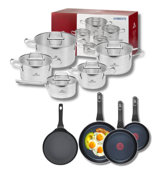 GERLACH AMBIENTE Komplet Garnki z pokrywkami 10 el + Patelnie Ambiente ThermoCoat 20, 24, 28 cm + patelnia naleśnikowa 26 cm / stal nierdzewna / indukcja