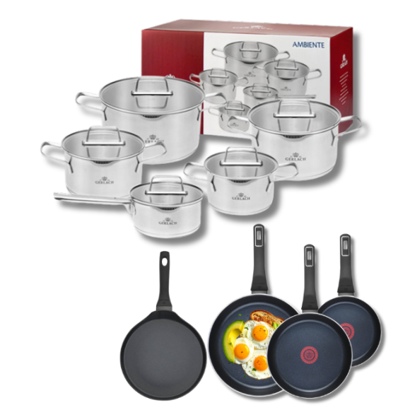 GERLACH AMBIENTE Komplet Garnki z pokrywkami 10 el + Patelnie Ambiente ThermoCoat 20, 24, 28 cm + patelnia naleśnikowa 26 cm / stal nierdzewna / indukcja