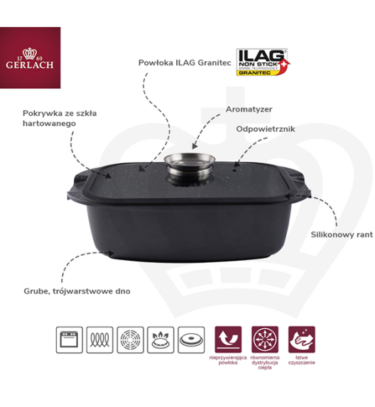 GERLACH AMBIENTE Komplet Garnki z pokrywkami 10 el + Patelnie Ambiente ThermoCoat 20, 24, 28 cm + patelnia naleśnikowa 26 cm + Brytfanna / stal nierdzewna / indukcja