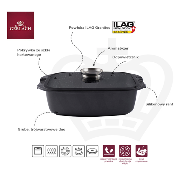 GERLACH AMBIENTE Komplet Garnki z pokrywkami 10 el + Patelnie Ambiente ThermoCoat 20, 24, 28 cm + patelnia naleśnikowa 26 cm + Brytfanna / stal nierdzewna / indukcja