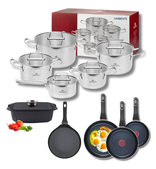 GERLACH AMBIENTE Komplet Garnki z pokrywkami 10 el + Patelnie Ambiente ThermoCoat 20, 24, 28 cm + patelnia naleśnikowa 26 cm + Brytfanna / stal nierdzewna / indukcja