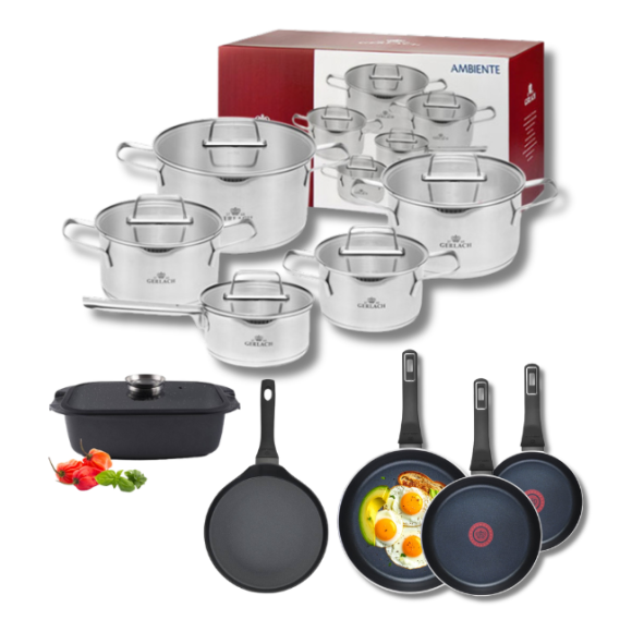 GERLACH AMBIENTE Komplet Garnki z pokrywkami 10 el + Patelnie Ambiente ThermoCoat 20, 24, 28 cm + patelnia naleśnikowa 26 cm + Brytfanna / stal nierdzewna / indukcja