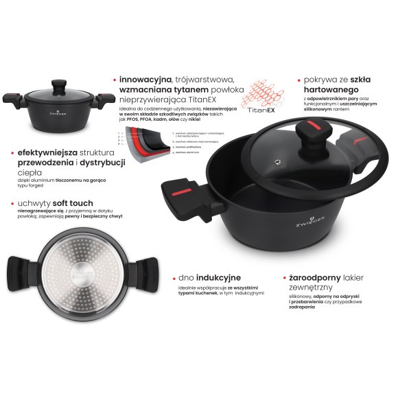 ZWIEGER RED LINE Komplet garnków z pokrywkami 18, 20, 24 cm / powłoka nieprzywierająca TitanEX
