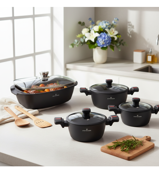 ZWIEGER RED LINE Komplet garnków z pokrywkami 18, 20, 24 cm + Brytfanna 33 cm / powłoka TitanEX