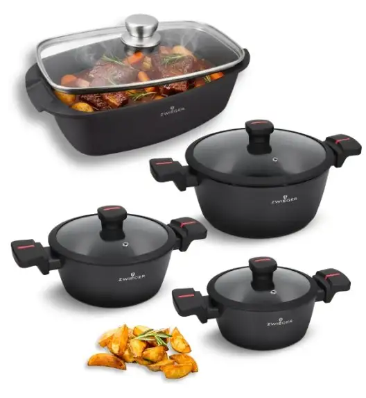 ZWIEGER RED LINE Komplet garnków z pokrywkami 18, 20, 24 cm + Brytfanna 33 cm / powłoka TitanEX