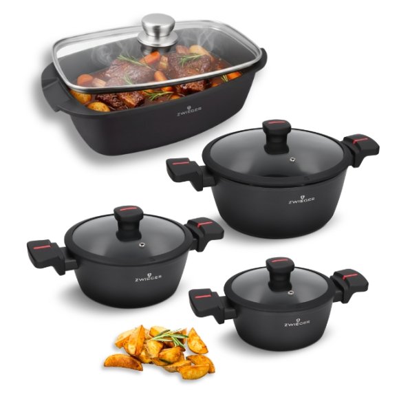 ZWIEGER RED LINE Komplet garnków z pokrywkami 18, 20, 24 cm + Brytfanna 33 cm / powłoka TitanEX