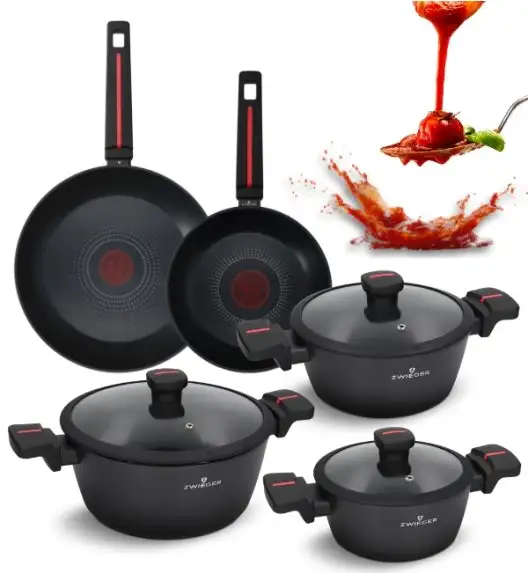 ZWIEGER RED LINE Komplet garnków z pokrywkami 18, 20, 24 cm + Patelnie 20, 28 cm / powłoka TitanEX
