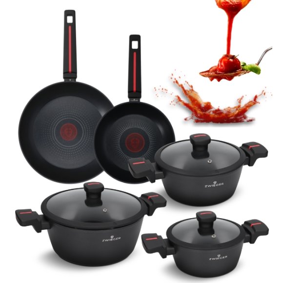 ZWIEGER RED LINE Komplet garnków z pokrywkami 18, 20, 24 cm + Patelnie 20, 28 cm / powłoka TitanEX