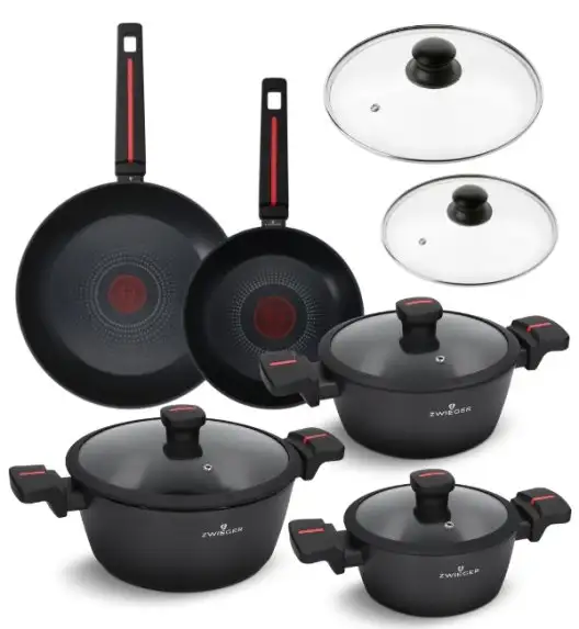 ZWIEGER RED LINE Komplet garnków z pokrywkami 18, 20, 24 cm + Patelnie 20, 28 cm + Pokrywki szklane Tadar