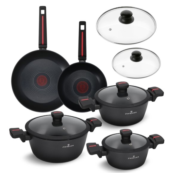 ZWIEGER RED LINE Komplet garnków z pokrywkami 18, 20, 24 cm + Patelnie 20, 28 cm + Pokrywki szklane Tadar