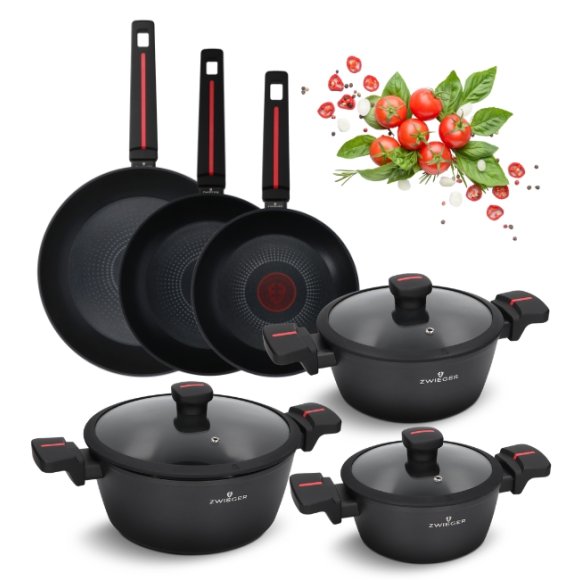 ZWIEGER RED LINE Komplet garnków z pokrywkami 18, 20, 24 cm + Patelnie 20, 24, 28 cm / powłoka TitanEX