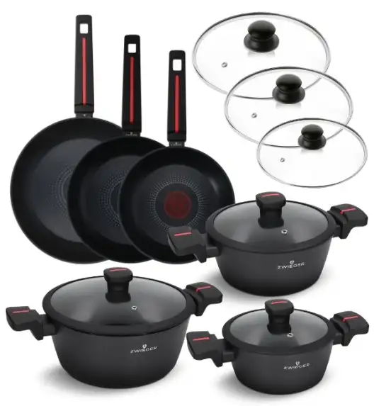 ZWIEGER RED LINE Komplet garnków z pokrywkami 18, 20, 24 cm + Patelnie 20, 24, 28 cm + Pokrywki szklane Tadar