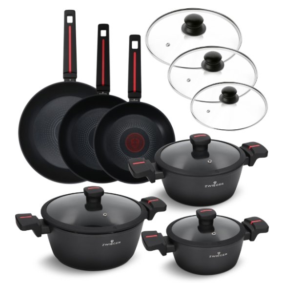 ZWIEGER RED LINE Komplet garnków z pokrywkami 18, 20, 24 cm + Patelnie 20, 24, 28 cm + Pokrywki szklane Tadar