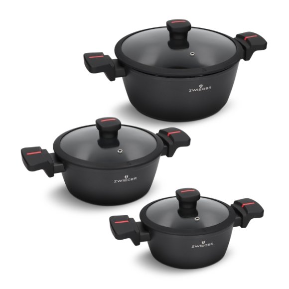 ZWIEGER RED LINE Komplet garnków z pokrywkami 18, 20, 24 cm + Patelnie 20, 24, 28 cm + Pokrywki szklane