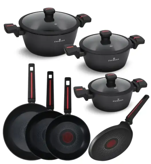 ZWIEGER RED LINE Komplet garnków z pokrywkami 18, 20, 24 cm + Patelnie 20, 24, 28 cm + Patelnia do naleśników 24 cm