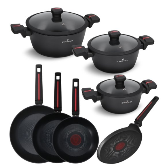 ZWIEGER RED LINE Komplet garnków z pokrywkami 18, 20, 24 cm + Patelnie 20, 24, 28 cm + Patelnia do naleśników 24 cm