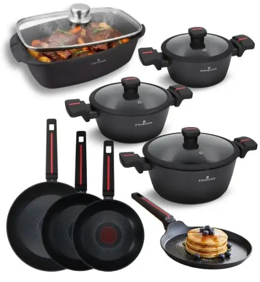 ZWIEGER RED LINE Komplet garnków z pokrywkami 18, 20, 24 cm + Patelnie 20, 24, 28 cm + Patelnia do naleśników 24 cm + Brytfanna 33 cm