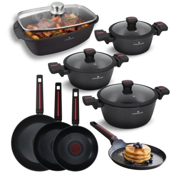 ZWIEGER RED LINE Komplet garnków z pokrywkami 18, 20, 24 cm + Patelnie 20, 24, 28 cm + Patelnia do naleśników 24 cm + Brytfanna 33 cm