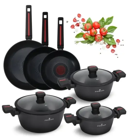 ZWIEGER RED LINE Komplet garnków z pokrywkami 18, 20, 24 cm + Patelnie 20, 24, 28 cm + Patelnia do naleśników 24 cm + Brytfanna 33 cm