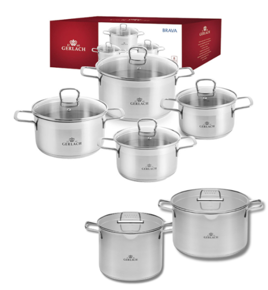 GERLACH BRAVA Komplet Garnki z pokrywkami 8 el + garnek 7 l + 10 l Gerlach Ambiente