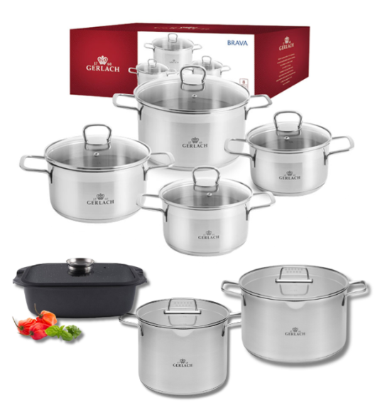GERLACH BRAVA Komplet Garnki z pokrywkami 8 el + garnek 7 l + 10 l + Brytfanna Granitex