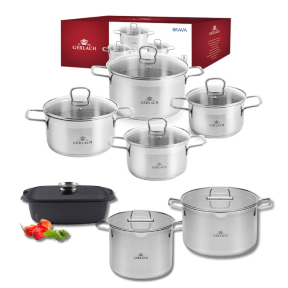 GERLACH BRAVA Komplet Garnki z pokrywkami 8 el + garnek 7 l + 10 l + Brytfanna Granitex