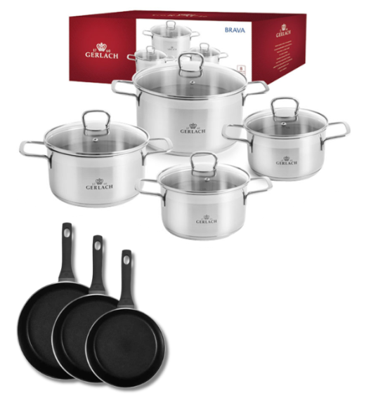 GERLACH BRAVA Komplet Garnki z pokrywkami 8 el + patelnie Gerlach Harmony Classic 20, 24, 28 cm