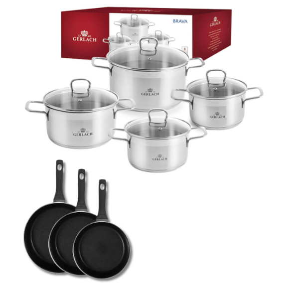 GERLACH BRAVA Komplet Garnki z pokrywkami 8 el + patelnie Gerlach Harmony Classic 20, 24, 28 cm