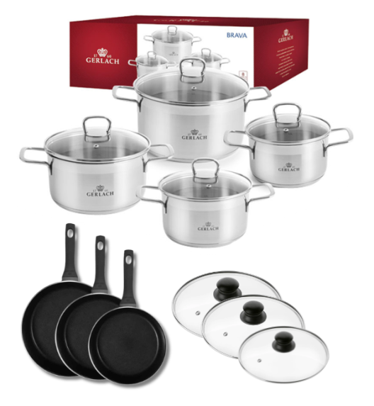 GERLACH BRAVA Komplet Garnki z pokrywkami 8 el + patelnie Gerlach Harmony Classic 20, 24, 28 cm + pokrywki szklane 