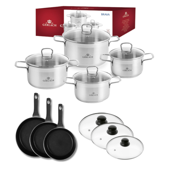GERLACH BRAVA Komplet Garnki z pokrywkami 8 el + patelnie Gerlach Harmony Classic 20, 24, 28 cm + pokrywki szklane 
