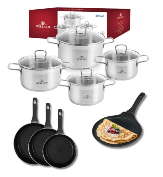 GERLACH BRAVA Komplet Garnki z pokrywkami 8 el + patelnie Gerlach Harmony Classic 20, 24, 28 cm + naleśnikowa 26 cm