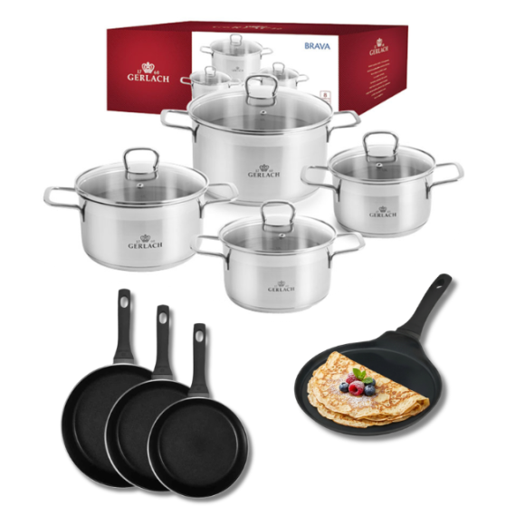 GERLACH BRAVA Komplet Garnki z pokrywkami 8 el + patelnie Gerlach Harmony Classic 20, 24, 28 cm + naleśnikowa 26 cm