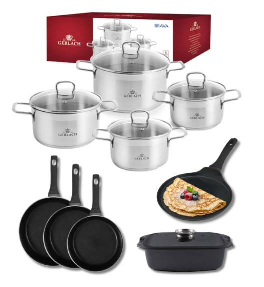 GERLACH BRAVA Komplet Garnki z pokrywkami 8 el + patelnie Gerlach Harmony Classic 20, 24, 28 cm + naleśnikowa 26 cm+ Brytfanna 