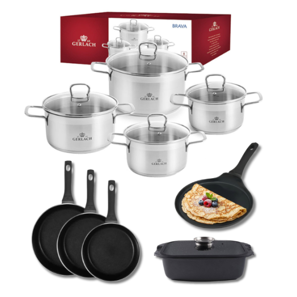GERLACH BRAVA Komplet Garnki z pokrywkami 8 el + patelnie Gerlach Harmony Classic 20, 24, 28 cm + naleśnikowa 26 cm+ Brytfanna 