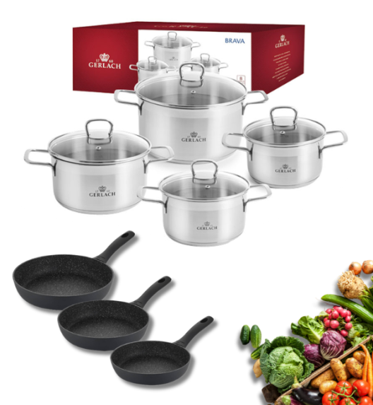 GERLACH BRAVA Komplet Garnki z pokrywkami 8 el + patelnie Gerlach Granitex 20, 24, 28 cm 